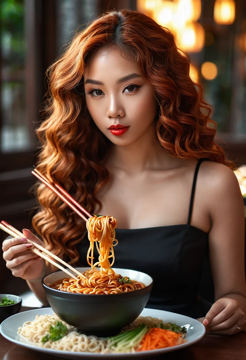 Eatting noodles with Chopsticks , a beautiful mixed girl, beautiful detailed face, perfect hands and feet, long red wavy hair, backlighting, delicate nose, lush detailed lips, black classy dress, eating fire noodles, (best quality,8k,highres,masterpiece:1.2),ultra-detailed,(realistic,photorealistic:1.37),portrait,vivid colors,bokeh