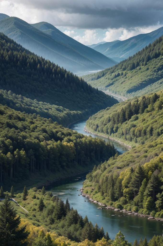a vast, untamed wilderness, dense forests, lush greenery, rolling hills, winding rivers, majestic mountains, dramatic skies, vibrant colors, natural lighting, serene atmosphere, photorealistic, 8k, hyper-detailed, cinematic composition, dramatic lighting, dramatic shadows, moody ambiance, atmospheric haze, volumetric lighting, rich textures, intricate details, masterpiece, award-winning digital art