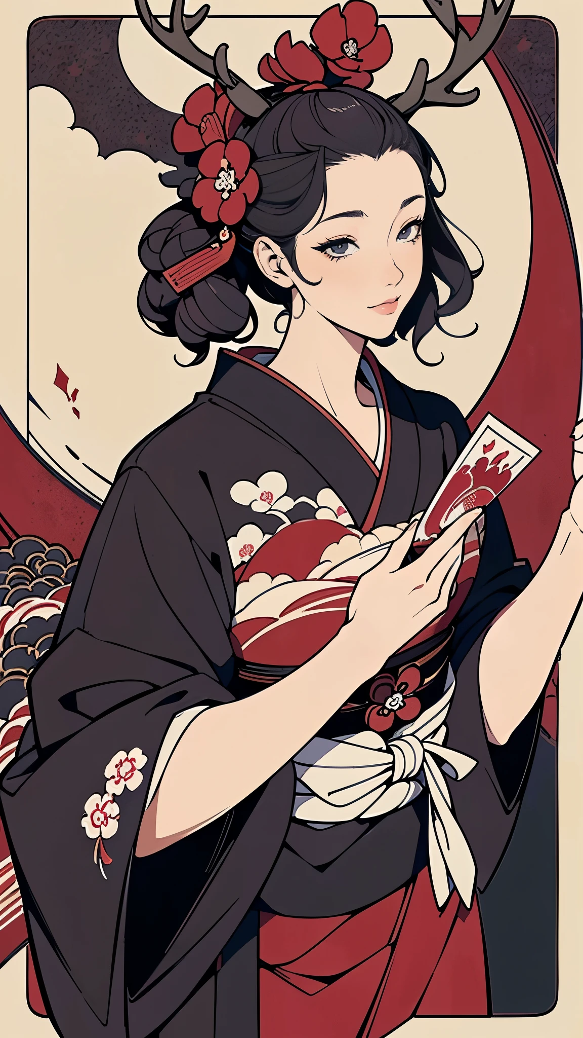 (masterpiece:1.2, Highest quality, Highest quality),(Super detailed),8k,wallpaper,(Illustration of Japanese-style Hanafuda cards),(deer),(Hand,detailed,perfect.perfection,hands),Beautiful hand drawing,(Katsushika Hokusai's painting style)