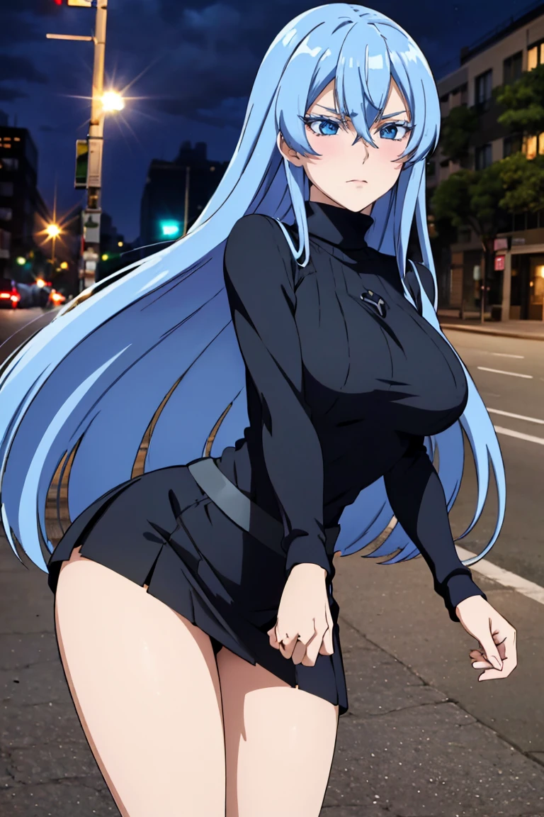 (artwork, best quality) a girl with long blue hair, blue eyes, blue eyelashes, black turtleneck sweater, black mini skirt, big breasts, bare legs, upset, perfect body, pretty eyes, nice waist, blushing, on a street in New York, at night