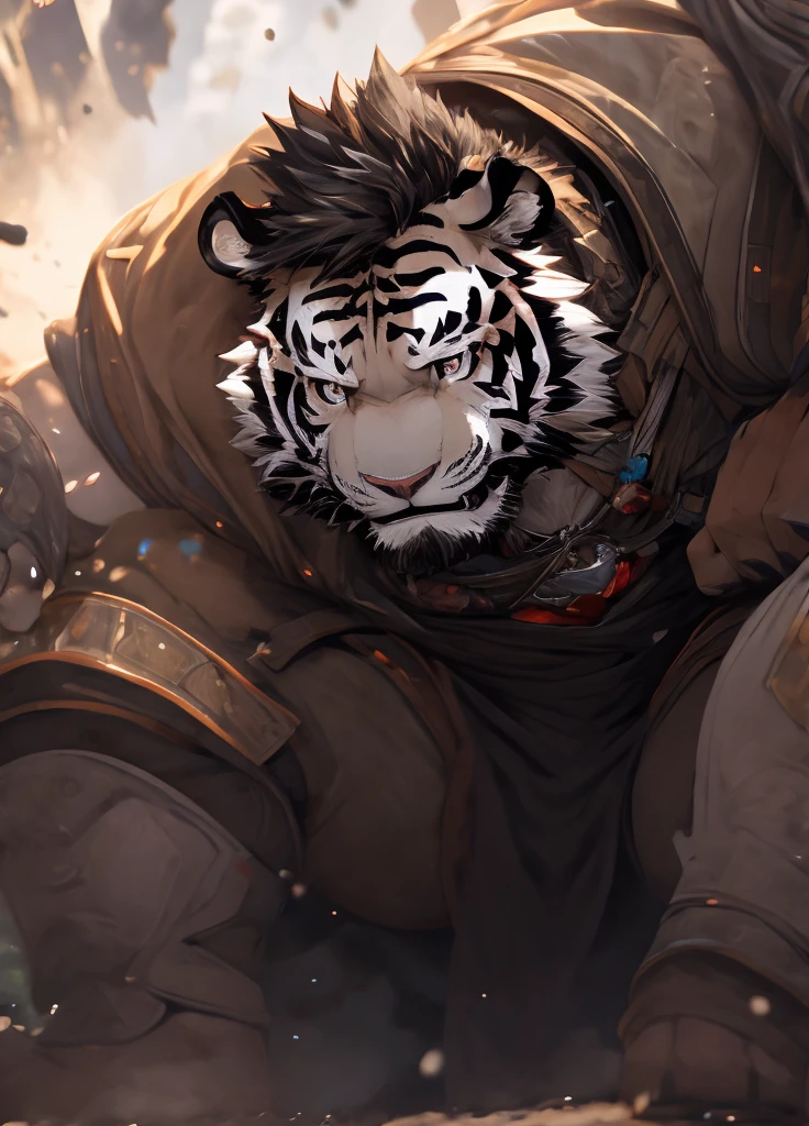 human nature((dramatic))epic, Dynamic poses, Dynamic Angle, A scene, Extreme perspective and strong composition, ridiculous, (Very detailed), Clear focus, Genji, Eye, black Eye, hairy, White fur, Black and White fur, black beard, Black Hair,human nature (White Tiger), male, middle aged, White body, White belly, muscular ,Very detailed face, (delicate Eye), 1 boy, Sitting on the throne,(Lift one foot 1.2),((Feet facing camera 1.5)),Silver Armor,Gray robe,(Messy 1.4),Bottom-up perspective,(1.2)Motion Blur, (best quality), (masterpiece), High Detail, high quality, The award-winning, high resolution, HD, 16K