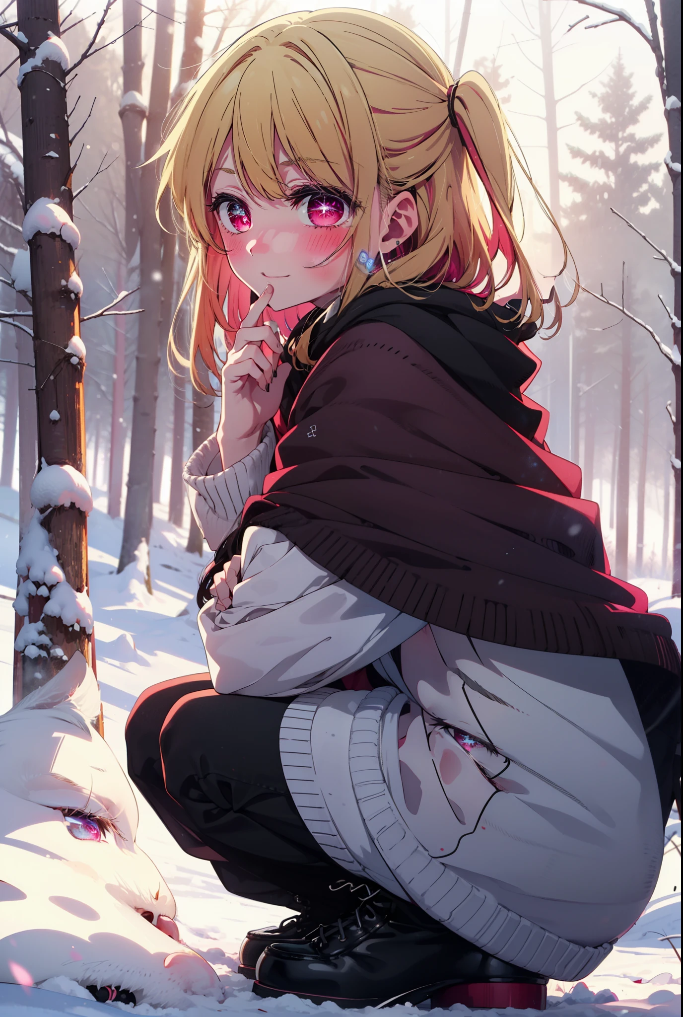 rubyhoshino, Hoshino Ruby, Long Hair, bangs, blonde, (Pink Eyes:1.3), Side Lock, (Symbol-shaped pupil:1.5), Multicolored Hair, Two-tone hair, smile,,smile,blush,white breath,
Open your mouth,snow,Ground bonfire, Outdoor, boots, snowing, From the side, wood, suitcase, Cape, Blurred, , forest, White handbag, nature,  Squat, Mouth closed, Cape, winter, Written boundary depth, Black shoes, red Cape break looking at viewer, Upper Body, whole body, break Outdoor, forest, nature, break (masterpiece:1.2), Highest quality, High resolution, unity 8k wallpaper, (shape:0.8), (Beautiful and beautiful eyes:1.6), Highly detailed face, Perfect lighting, Extremely detailed CG, (Perfect hands, Perfect Anatomy),