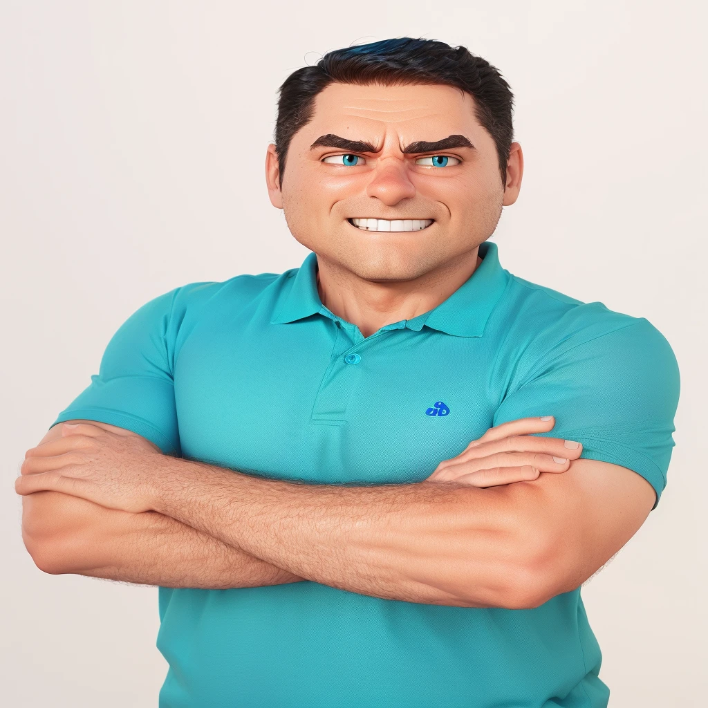 fit man in blue shirt with arms crossed, 3d pixar style