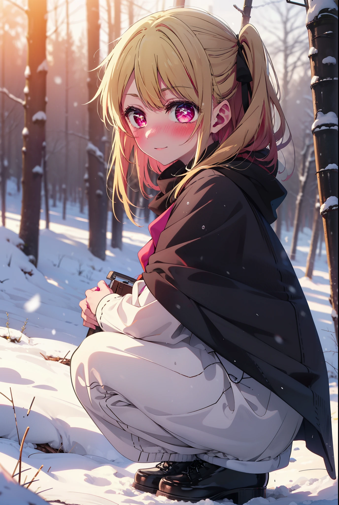 rubyhoshino, Hoshino Ruby, Long Hair, bangs, blonde, (Pink Eyes:1.3), Side Lock, (Symbol-shaped pupil:1.5), Multicolored Hair, Two-tone hair, smile,,smile,blush,white breath,
Open your mouth,snow,Ground bonfire, Outdoor, boots, snowing, From the side, wood, suitcase, Cape, Blurred, , forest, White handbag, nature,  Squat, Mouth closed, Cape, winter, Written boundary depth, Black shoes, red Cape break looking at viewer, Upper Body, whole body, break Outdoor, forest, nature, break (masterpiece:1.2), Highest quality, High resolution, unity 8k wallpaper, (shape:0.8), (Beautiful and beautiful eyes:1.6), Highly detailed face, Perfect lighting, Extremely detailed CG, (Perfect hands, Perfect Anatomy),