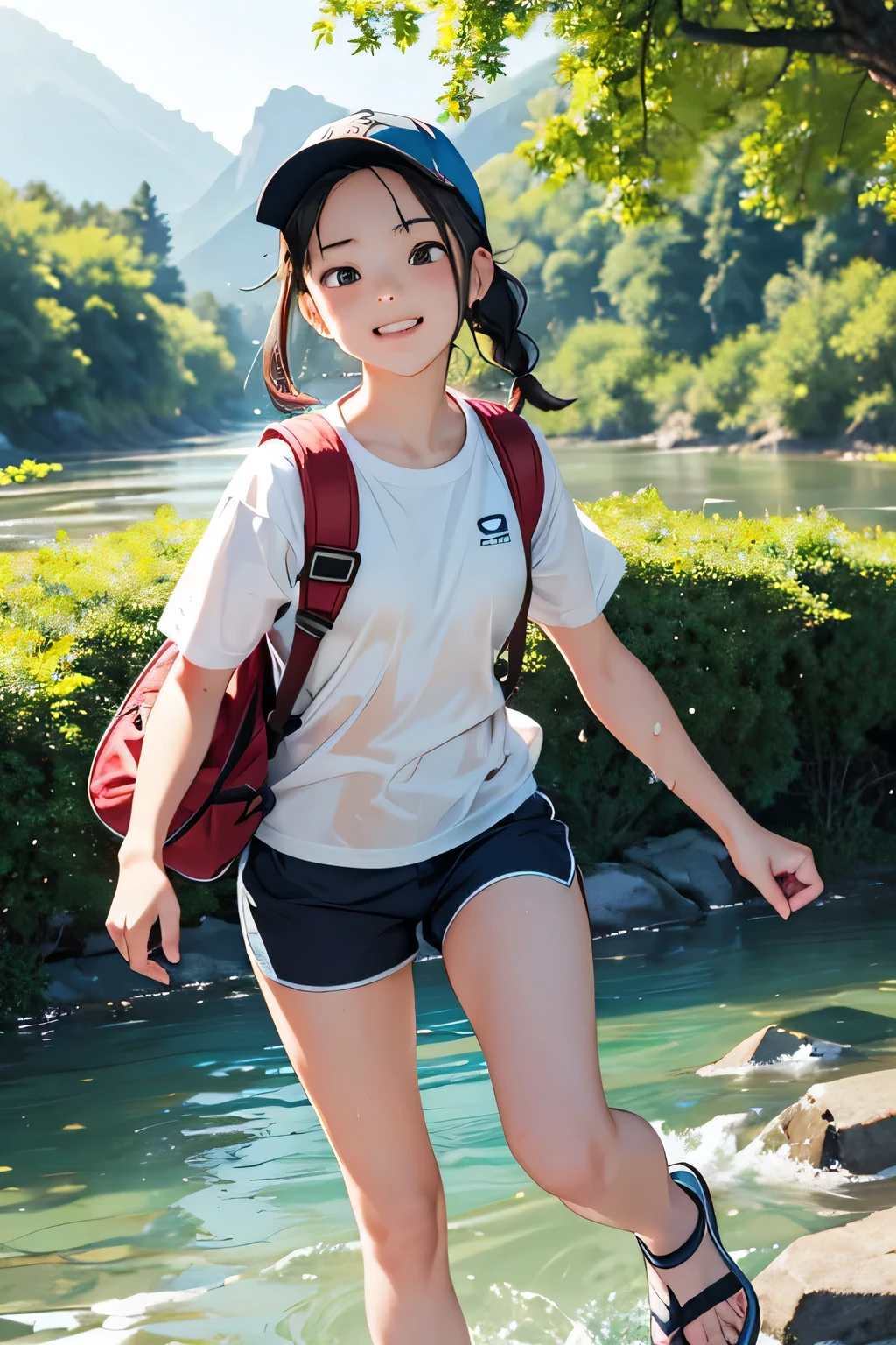 Highest quality、High resolution、Detailed Background、(Beautiful face in every detail:1.4)、Anatomically correct、Normal number of fingers、Detailed facial expressions、(Detailed eyes:1.2)、age beauty、Light color hair、Braided Ponytail、Braided bob cut、Braided twin tails、cute gesture、Innocent joy、A sense of freedom in nature、A cool day swimming in the river、
(Girls enjoying splashing around in the cool river:1.5)、
In the blazing summer sun、I can hear the river babbling、We all run out、
Walking along the river、Eventually you'll reach the water's edge、Playing in the water under the speech bubble、Excited voices echo throughout the room.、
Taking off your shoes and soaking your feet in the water brings a smile to your face.、Enjoy the pleasant time as you touch the cold water、
Children gather stones, throw them into the water, and cheer as they splash about.、It's cute to see them having so much fun riding on a swim ring and feeling the current.、
Eating lunch in the shade of the trees helps to ease fatigue.、Enjoy the pleasant breeze and nature that will leave you with fond memories.、Smiles on everyone's faces、It was a day of swimming in the river that satisfied both body and mind.、
Rash guard、Shorts、sandals、I call chap、Short sleeve T-shirt、Shorts、sneakers、backsack、cute