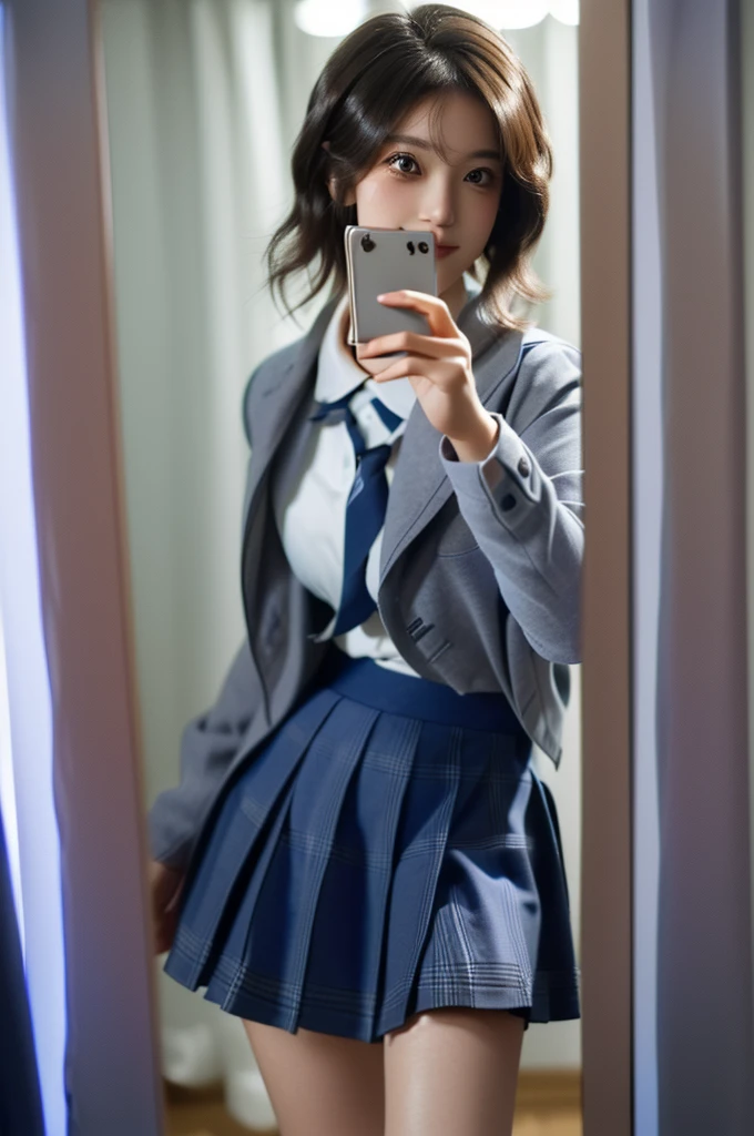 concept:Woman taking selfie. quality:(最高quality, 4K, High resolution, masterpiece:1.2), Very detailed, (Genuine, photoGenuineistic:1.37). illumination:Bright colors, Bright colors and mesmerizing effects, (Warm sunshine), 柔らかく繊細なillumination, Gentle glow, Lens flare, The overall atmosphere is beautiful and gentle... Thematic Intelligence:alone, ((young woman)), (Round eyes), (Small face), (Skin with attention to detail:1.2), Long eyelashes, Glossy Lips, (Brown Hair, Long Wavy Hair, Brown eyes), (Slim figure, Happy expression), (((In front of the mirror))), ((Shooting with a smartphone:1.2)), (Gazing Eyes:1.5, take a picture), Hold your cell phone in front of your face, (((High School Uniform:1.2, Grey jacket, Open jacket, White shirt, Dark blue checked skirt, Captivating thighs))), smile, Happy, charm. Other details:Take a selfie through the mirror, Reflected in the full-length mirror, Genuineなレンダリング, Natural pose,,((Hold your cell phone in front of your face)), charmなsmile, A fun connection, Exquisite texture, Perfect composition, Happy moments, Beautiful Skin, Glowing Skin, Perfect Fingers, Five Fingers, Anatomically correct, Smartphone Photos.,In a completely different expression。