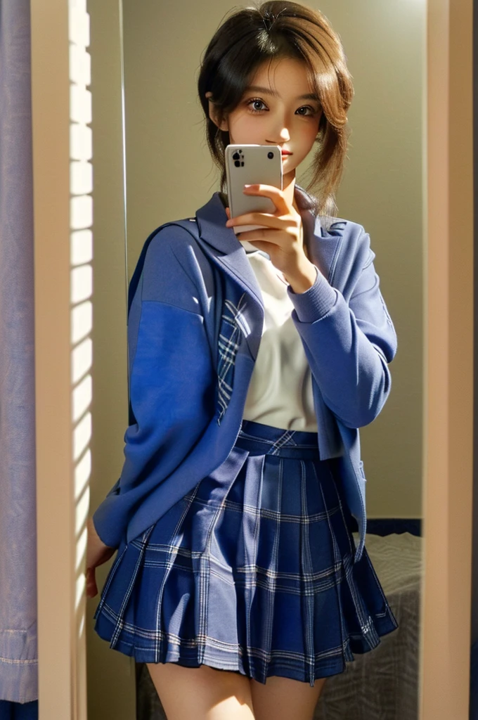 concept:Woman taking selfie. quality:(最高quality, 4K, High resolution, masterpiece:1.2), Very detailed, (Genuine, photoGenuineistic:1.37). illumination:Bright colors, Bright colors and mesmerizing effects, (Warm sunshine), 柔らかく繊細なillumination, Gentle glow, Lens flare, The overall atmosphere is beautiful and gentle... Thematic Intelligence:alone, ((young woman)), (Round eyes), (Small face), (Skin with attention to detail:1.2), Long eyelashes, Glossy Lips, (Brown Hair, Long Wavy Hair, Brown eyes), (Slim figure, Happy expression), (((In front of the mirror))), ((Shooting with a smartphone:1.2)), (Gazing Eyes:1.5, take a picture), Hold your cell phone in front of your face, (((High School Uniform:1.2, Grey jacket, Open jacket, White shirt, Dark blue checked skirt, Captivating thighs))), smile, Happy, charm. Other details:Take a selfie through the mirror, Reflected in the full-length mirror, Genuineなレンダリング, Natural pose,,((Hold your cell phone in front of your face)), charmなsmile, A fun connection, Exquisite texture, Perfect composition, Happy moments, Beautiful Skin, Glowing Skin, Perfect Fingers, Five Fingers, Anatomically correct, Smartphone Photos.,In a completely different expression。