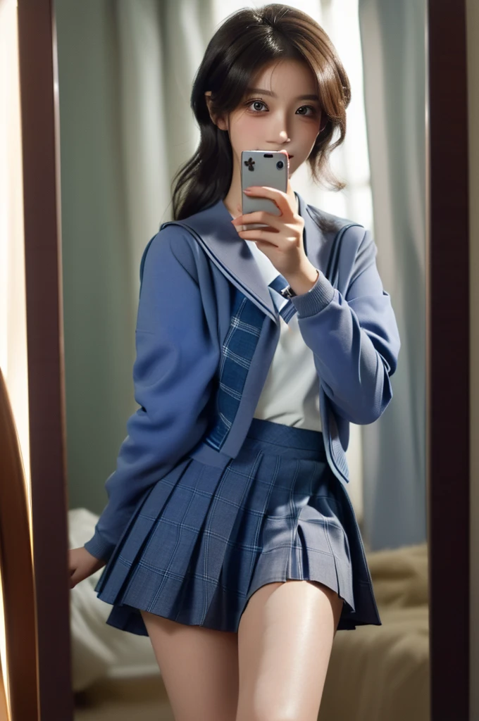 concept:Woman taking selfie. quality:(最高quality, 4K, High resolution, masterpiece:1.2), Very detailed, (Genuine, photoGenuineistic:1.37). illumination:Bright colors, Bright colors and mesmerizing effects, (Warm sunshine), 柔らかく繊細なillumination, Gentle glow, Lens flare, The overall atmosphere is beautiful and gentle... Thematic Intelligence:alone, ((young woman)), (Round eyes), (Small face), (Skin with attention to detail:1.2), Long eyelashes, Glossy Lips, (Brown Hair, Long Wavy Hair, Brown eyes), (Slim figure, Happy expression), (((In front of the mirror))), ((Shooting with a smartphone:1.2)), (Gazing Eyes:1.5, take a picture), Hold your cell phone in front of your face, (((High School Uniform:1.2, Grey jacket, Open jacket, White shirt, Dark blue checked skirt, Captivating thighs))), smile, Happy, charm. Other details:Take a selfie through the mirror, Reflected in the full-length mirror, Genuineなレンダリング, Natural pose,,((Hold your cell phone in front of your face)), charmなsmile, A fun connection, Exquisite texture, Perfect composition, Happy moments, Beautiful Skin, Glowing Skin, Perfect Fingers, Five Fingers, Anatomically correct, Smartphone Photos.,In a completely different expression。