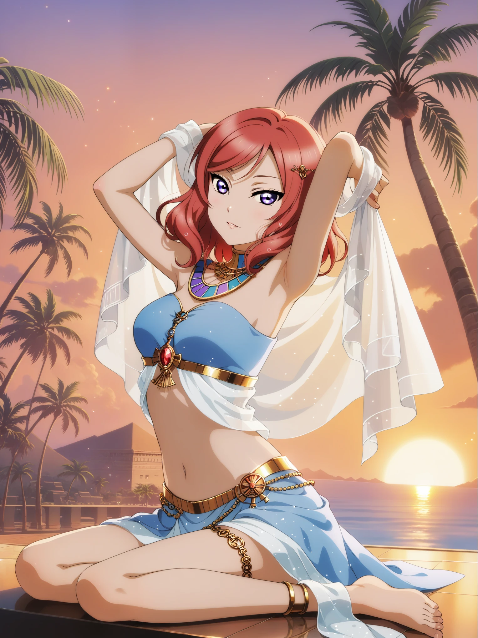 masterpiece, best quality,solo, floating hair,nishikino maki,red hair, detailed eyes,purple eyes, light blue dress ,3pyramids, nile river, sunset,palm tree,medium breasts ,midriff peak, Egypt queen , arms up, medium hair , sitting 