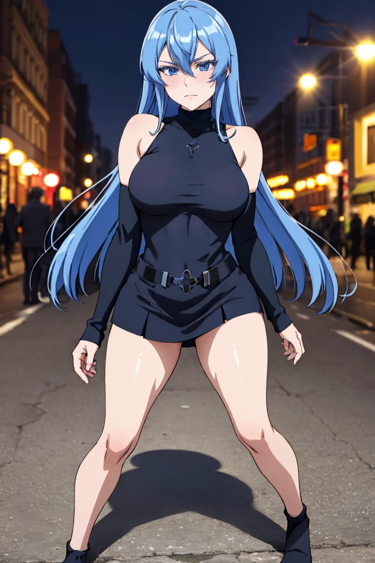 (artwork, best quality) a girl with long blue hair, blue eyes, blue eyelashes, black turtleneck sweater, black mini skirt, big breasts, bare legs, upset, perfect body, pretty eyes, nice waist, blushing, on a street in New York, at night, (full body)