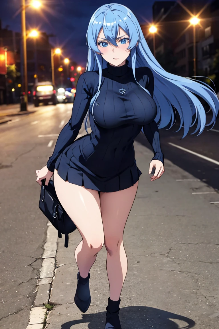 (artwork, best quality) a girl with long blue hair, blue eyes, blue eyelashes, black turtleneck sweater, black mini skirt, big breasts, bare legs, upset, perfect body, pretty eyes, nice waist, blushing, on a street in New York, at night