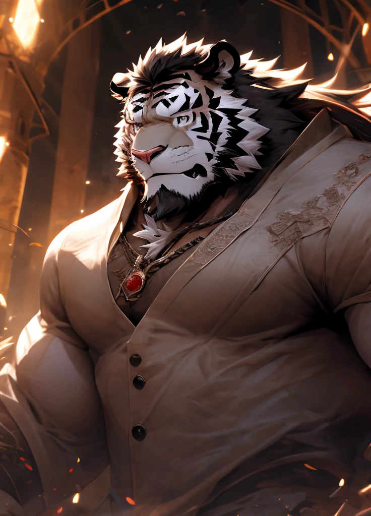 human nature((dramatic))epic, Dynamic poses, Dynamic Angle, A scene, Extreme perspective and strong composition, ridiculous, (Very detailed), Clear focus, Genji, Eye, black Eye, hairy, White fur, Black and White fur, black beard, Black Hair，human nature (White Tiger), male, middle aged, White body, White belly, muscular ，Very detailed face, (delicate Eye), 1 boy, Dark cave interior background，（Dark and damp 1.2），Silver Armor，Gray robe，（Messy 1.4），（（Holding mobile phone 1.4）），（1.2）Motion Blur, (best quality), (masterpiece), High Detail, high quality, The award-winning, high resolution, HD, 16K