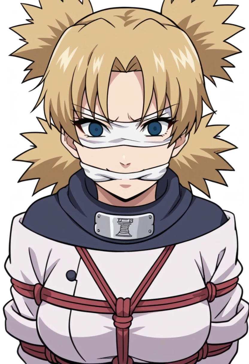 score_9, score_8_up, score_7_up, score_6_up, score_5_up, score_4_up, BREAK, source_anime, ytemari, 1girl, blonde hair, quad tails, blue eyes, fishnets, purple garment, sash, hands behind back, smile, upper body, looking at viewer, solo, simple background, white background, anime screencap, anime coloring, white cloth gag, panic expression, struggling, white cloth blindfold over eyes, timebomb in background, blindfolded, extreme panic expression, shibari ropes