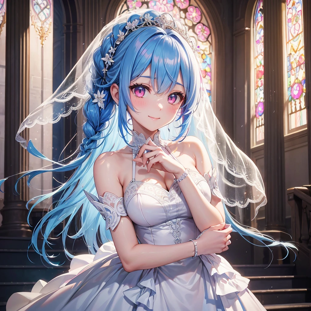 Sky Blue Medium Hair, (Braided Hair),(Pink Eyes),Fair skin ,(whole body),(1 girl),bride,smile、Straight bangs, 6月のbride,Wedding dress,(masterpiece, Highest quality, Very detailed, Best Shadow), (Detailed Background), (Beautifully detailed face), High Contrast, (Best lighting, Very delicate and beautiful), ((Cinematic Light)), colorful, Hyper Detail, Dramatic Light, Intricate details,Wedding hall,