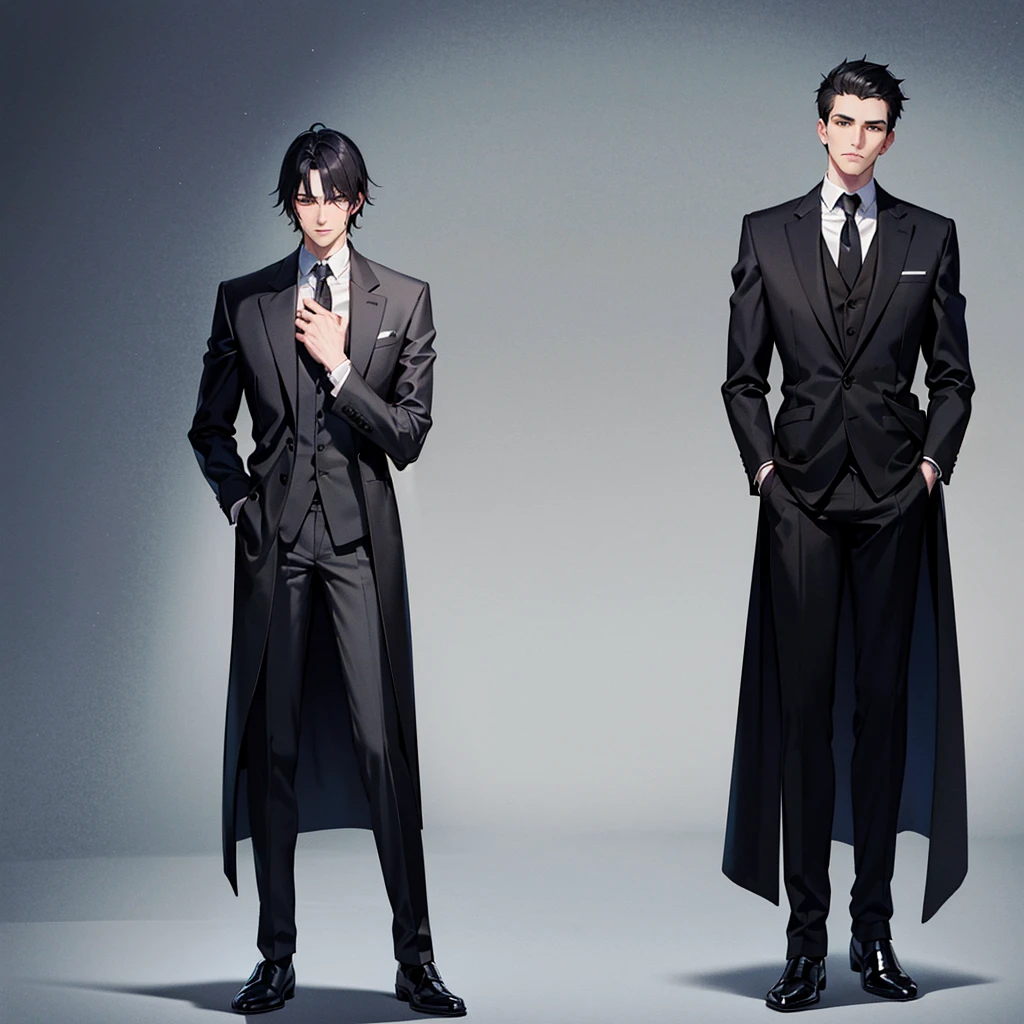 Tall man with slim athletic body, black hair wearing dark gray overcoat