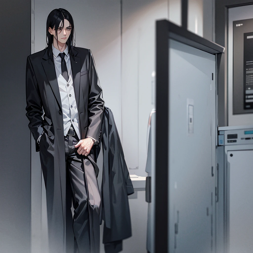 Tall man with slim athletic body, black hair wearing dark gray overcoat