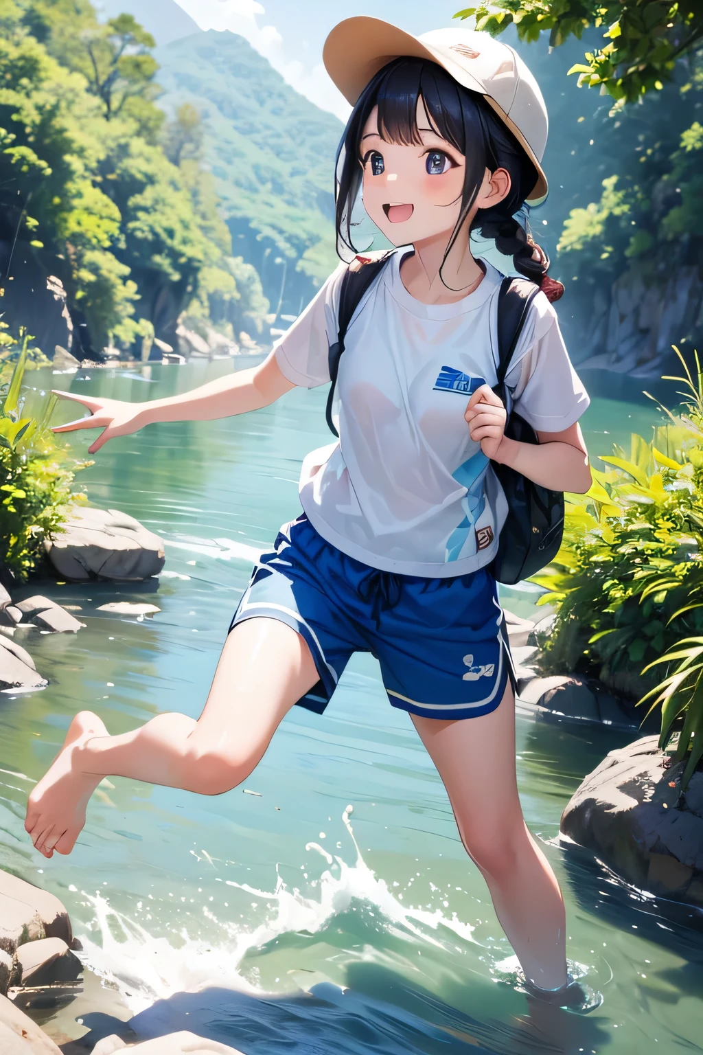 Highest quality、High resolution、Detailed Background、(Beautiful face in every detail:1.4)、Anatomically correct、Normal number of fingers、Detailed facial expressions、(Detailed eyes:1.2)、age beauty、Light color hair、Braided Ponytail、Braided bob cut、Braided twin tails、cute gesture、Innocent joy、A sense of freedom in nature、A cool day swimming in the river、
(Girls enjoying splashing around in the cool river:1.5)、
In the blazing summer sun、I can hear the river babbling、We all run out、
Walking along the river、Eventually you'll reach the water's edge、Playing in the water under the speech bubble、Excited voices echo throughout the room.、
Taking off your shoes and soaking your feet in the water brings a smile to your face.、Enjoy the pleasant time as you touch the cold water、
Children gather stones, throw them into the water, and cheer as they splash about.、It's cute to see them having so much fun riding on a swim ring and feeling the current.、
Eating lunch in the shade of the trees helps to ease fatigue.、Enjoy the pleasant breeze and nature that will leave you with fond memories.、Smiles on everyone's faces、It was a day of swimming in the river that satisfied both body and mind.、
Rash guard、Shorts、sandals、I call chap、Short sleeve T-shirt、Shorts、sneakers、backsack、cute
