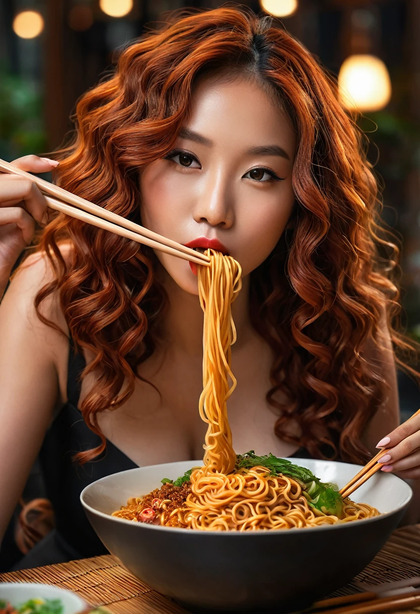 Eatting noodles with Chopsticks , a beautiful mixed girl, beautiful detailed face, perfect hands and feet, long red wavy hair, backlighting, delicate nose, lush detailed lips, black classy dress, eating fire noodles, (best quality,8k,highres,masterpiece:1.2),ultra-detailed,(realistic,photorealistic:1.37),portrait,vivid colors,bokeh