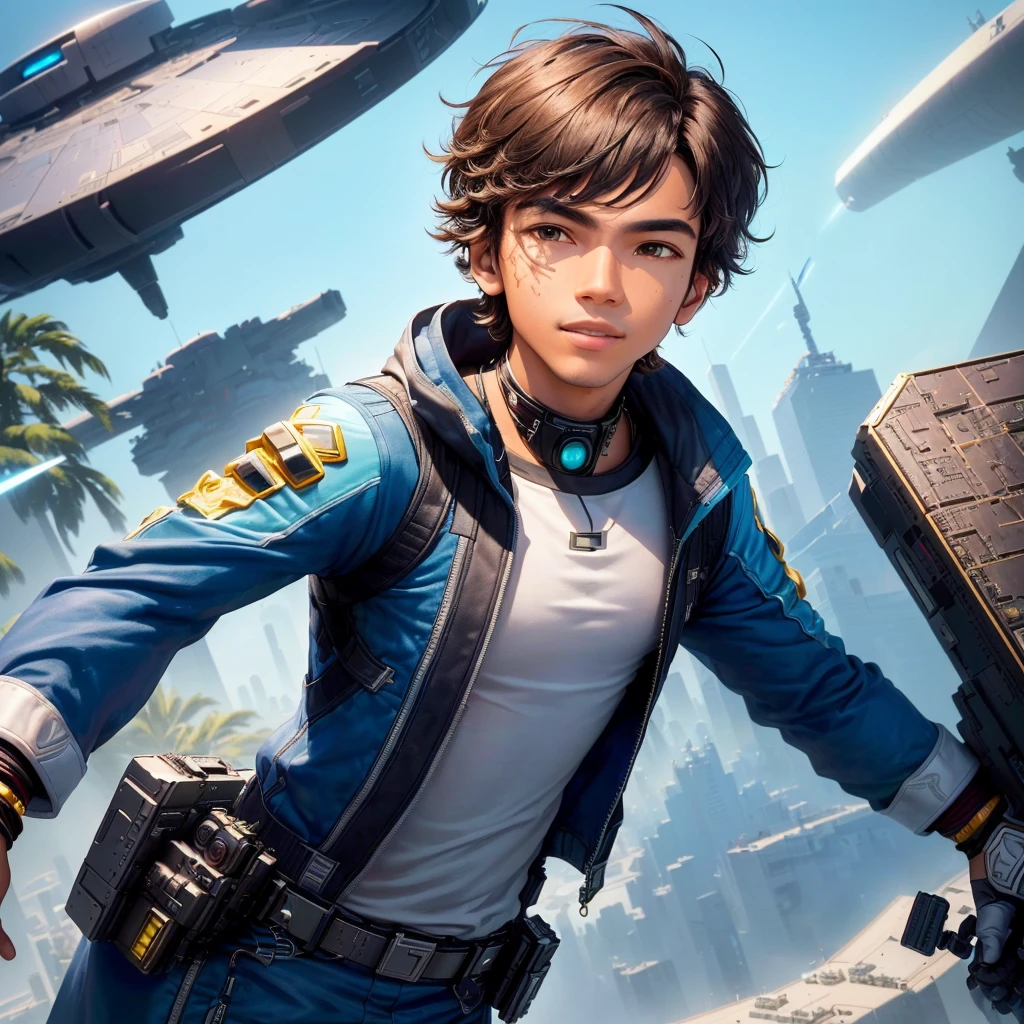 The camera pans around the futuristic city of São Paulo, showing tall buildings, flying vehicles and advanced technology everywhere. Junior is in his room, full of maps, ancient artifacts and technological devices. He is finishing adjusting his multifunctional bracelet, which has several functions, including a navigation hologram and a curio scanner.