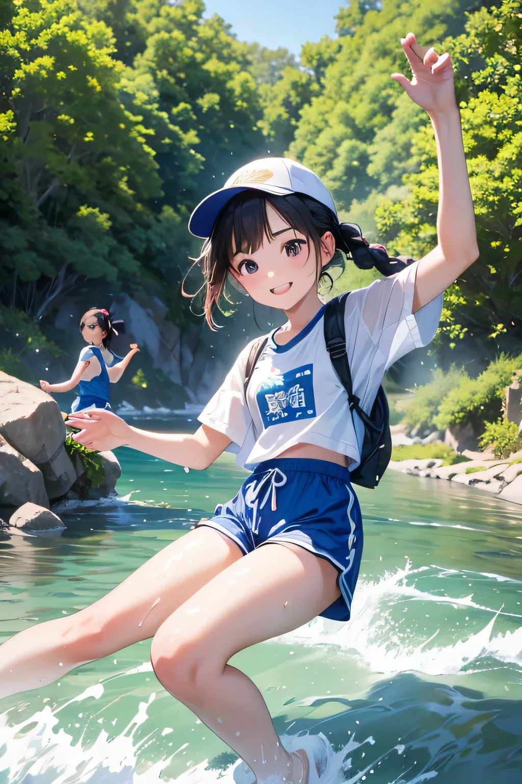 Highest quality、High resolution、Detailed Background、(Beautiful face in every detail:1.4)、Anatomically correct、Normal number of fingers、Detailed facial expressions、(Detailed eyes:1.2)、Teenage beauty、Light color hair、Braided Ponytail、Braided bob cut、Braided twin tails、cute gesture、Innocent joy、A sense of freedom in nature、A cool day swimming in the river、

(Girls enjoying splashing around in the cool river:1.5)、

In the blazing summer sun、I can hear the river babbling、We all run out、
Walking along the river、Eventually you&#39;ll reach the water&#39;s edge、Playing in the water under the speech bubble、Excited voices echo throughout the room.、
Taking off your shoes and soaking your feet in the water brings a smile to your face.、Enjoy the pleasant time as you touch the cold water、
Children gather stones, throw them into the water, and cheer as they splash about.、It&#39;s cute to see them having so much fun riding on a swim ring and feeling the current.、
Eating lunch in the shade of the trees helps to ease fatigue.、Enjoy the pleasant breeze and nature that will leave you with fond memories.、Smiles on everyone&#39;s faces、It was a day of swimming in the river that satisfied both body and mind.、

Rash guard、Shorts、sandals、I call chap、Short sleeve T-shirt、Shorts、sneakers、backsack、cute