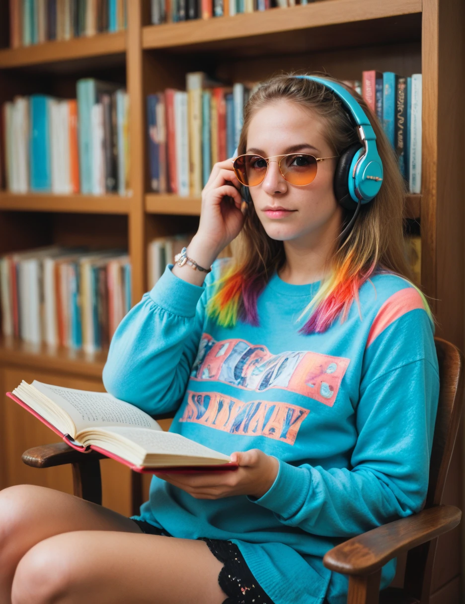 blind , with headphones and sunglasses, reading braille, accompanied by a cheerful university woman, Colorful clothes. They are sitting in a library chair. photorealistic, 8k