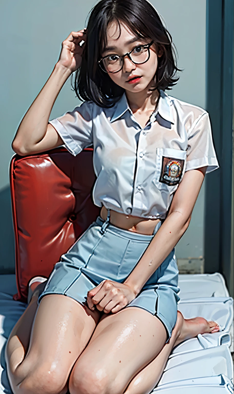 18 years old girl, (((at park))), (transparent white shirt), (wet shirt), (mini skirt), (light blue skirt), RAW photo, (photorealistic:1.37, realistic), highly detailed CG unified 8K wallpapers, 1girl, ((slender body:1)), (small breasts:1.3), looking at viewer, ((straight from front)), (HQ skin:1.2), (clean skin:1.2), 8k uhd, dslr, soft lighting, high quality, film grain, Fujifilm XT3, (full body:0.8) , tokyolagii , (bold glasses), full body in, perfect body, two legs, long legs, naval, (wide waist:1.2), (big tigh:1.3), crop top, panties, pelvic