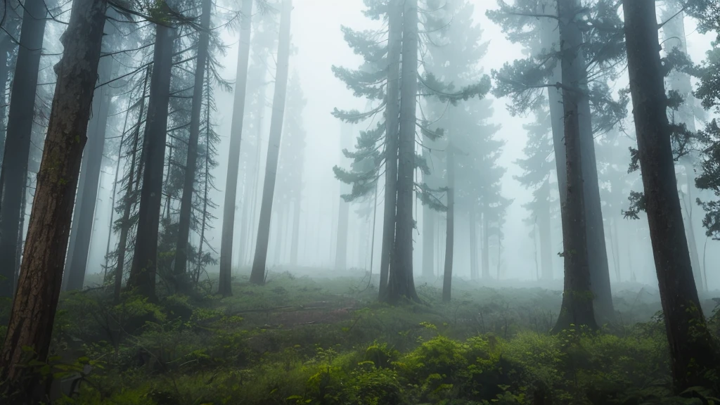 Fog-clouded forest where trees have thin trunks and leaves that look like they're made of silk. A central clearing reveals a lake reflecting a grayish sky where mist fairies dance and play. Creatures like fog sprites and steam butterflies float around the scene, while a big full moon lights up the sky. Smooth and ethereal animation style, with a soft and hazy color palette: silver gray, pale greens and delicate pinks. It's mysterious and enigmatic