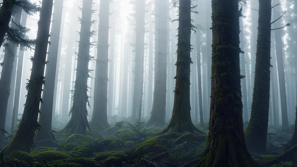 Fog-clouded forest where trees have thin trunks and leaves that look like they're made of silk. A central clearing reveals a lake reflecting a grayish sky where mist fairies dance and play. Creatures like fog sprites and steam butterflies float around the scene, while a big full moon lights up the sky. Smooth and ethereal animation style, with a soft and hazy color palette: silver gray, pale greens and delicate pinks. It's mysterious and enigmatic