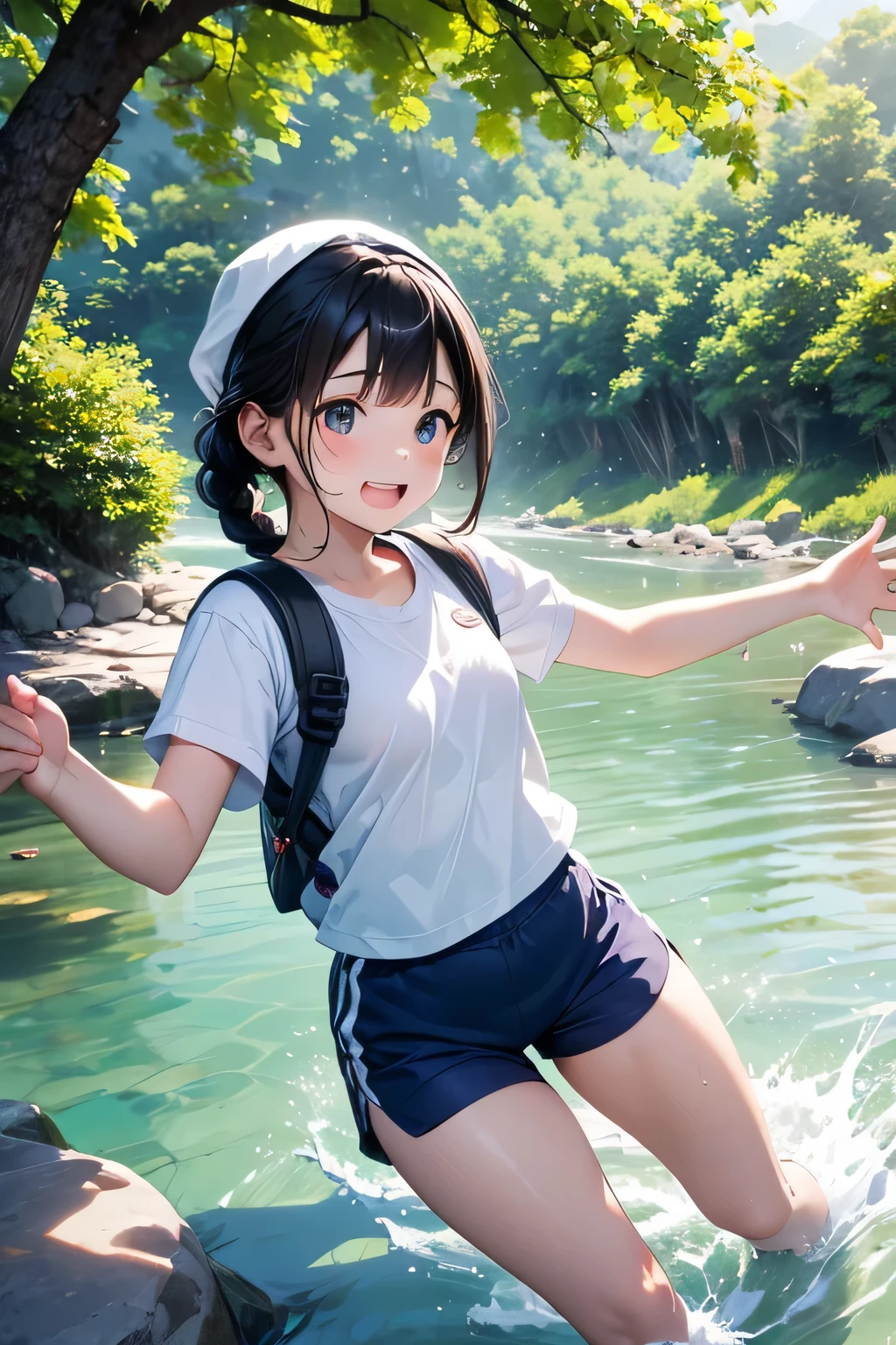 Highest quality、High resolution、Detailed Background、(Beautiful face in every detail:1.4)、Anatomically correct、Normal number of fingers、Detailed facial expressions、(Detailed eyes:1.2)、Teenage beauty、Light color hair、Braided Ponytail、Braided bob cut、Braided twin tails、cute gesture、Innocent joy、A sense of  in nature、A cool day swimming in the river、

(Girls enjoying splashing around in the cool river:1.5)、

In the blazing summer sun、I can hear the river babbling、We all run out、
Walking along the river、Eventually you&#39;ll reach the water&#39;s edge、Playing in the water under the speech bubble、Excited voices echo throughout the room.、
Taking off your shoes and soaking your feet in the water brings a smile to your face.、Enjoy the pleasant time as you touch the cold water、
Children gather stones, throw them into the water, and cheer as they splash about.、It&#39;s cute to see them having so much fun riding on a swim ring and feeling the current.、
Eating lunch in the shade of the trees helps to ease fatigue.、Enjoy the pleasant breeze and nature that will leave you with fond memories.、Smiles on everyone&#39;s faces、It was a day of swimming in the river that satisfied both body and mind.、

Rash guard、Shorts、sandals、I call chap、Short sleeve T-shirt、Shorts、sneakers、Backsack、cute、Big Breasts