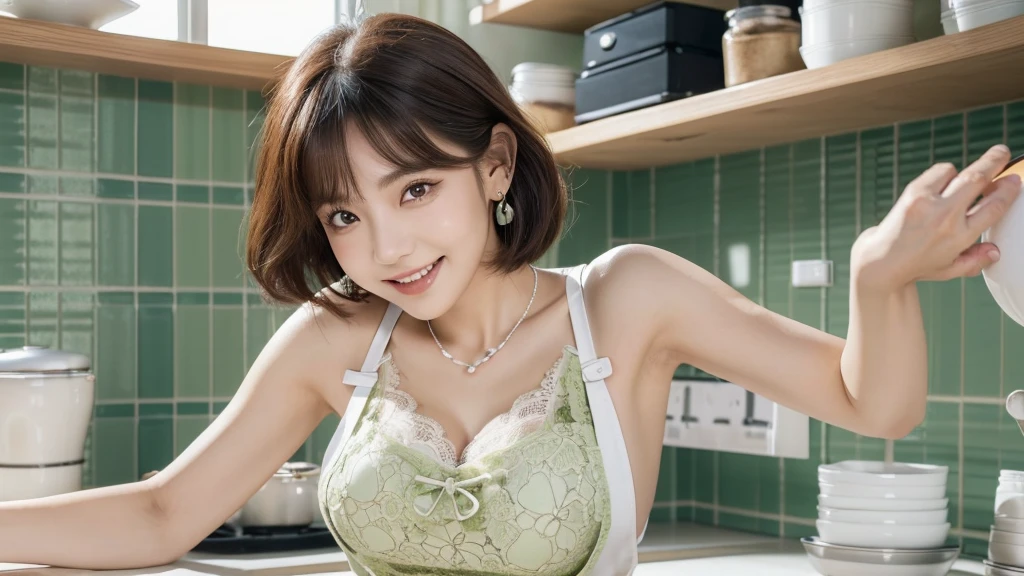 (초realistic), (illustration), (high resolution), (8k), (very detailed), (Best illustration), (beautiful and delicate eyes),(sharp focus), (professional), (realistic), (After treatment), (maximum detail),asperity, (best quality), (very detailed), (table top), (wallpaper), (detailed face), (hard and small shadow : 1.6),((Perfectly delicate five-finger hand)), 1 person, (19 years old), (Japanese beauty), (double eyelid), (delicate face), (Sunny Smile:1.4),(high nose), (plump lips), (porcelain white skin:1.2),slim waist, (big bust:1.6), long legs, big ass, Strong abs, ((Five-fingered feet with perfect proportions and details)), necklace, look at the viewer,earring, bob haircut,wavy hair or ponytail,(in a modern kitchen:1.2), (Wearing _kitchen_apron:1.4),(green lace with lace:1.2)、show me your armpits、raise one'8、i can see your panties、sexy panties、sexy lingerie、erotic、act like a model、sexy look、Gatherbelt、Stacking、knee high、high socks