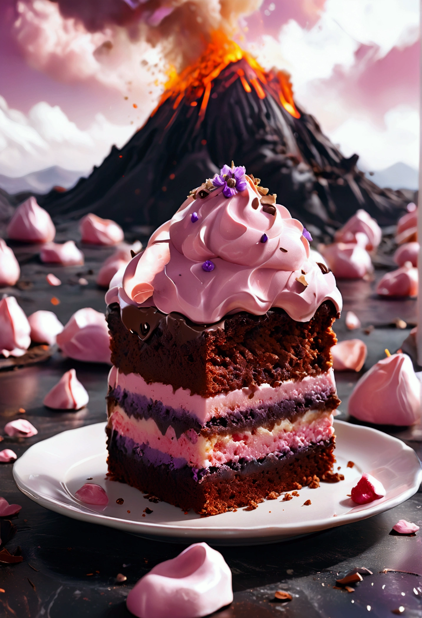 Captivating, high-resolution illustration of the "AMOR DOCE" brand logo. The design features a mini volcano cake, with a mouth-watering chocolate center, artistically rendered to be irresistibly delicious. Shades of baby pink and lilac adorn the cake, creating a sweet, delicate and charming aesthetic. Sleek typography is seamlessly integrated into the design, resulting in a visually stunning, cinematic illustration that perfectly represents the 12k format.
