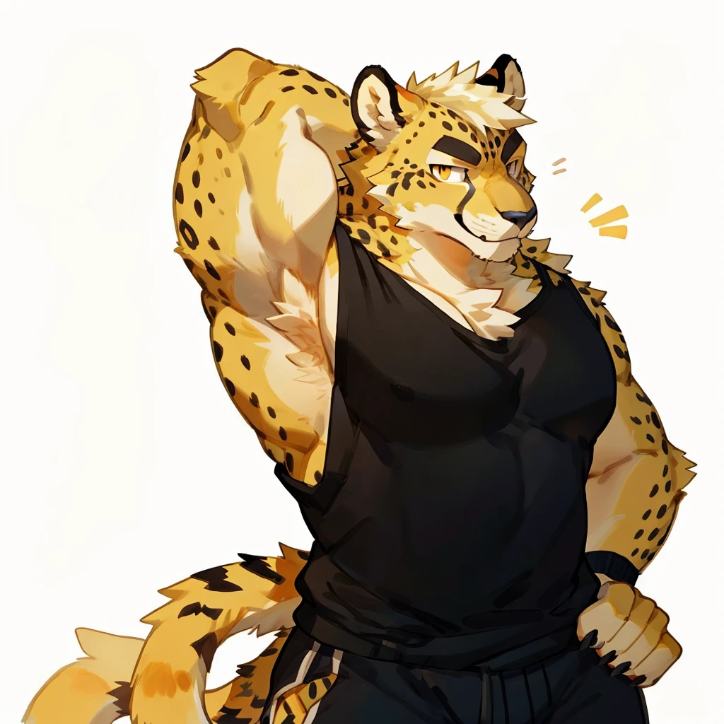 By bigcozyorca, by bebebebebe, by buta99, furry, young, teenager, big, strong and attractive, males, provocative poses, (hair, snout), cheetah, ((muscular, tall)) black tank top, smirking, yellow fur, yellow body, atlethic,  stretchinh arms, flexing strong armpits, showing off big armpits, arrogant smile, strong armpits, gym background.