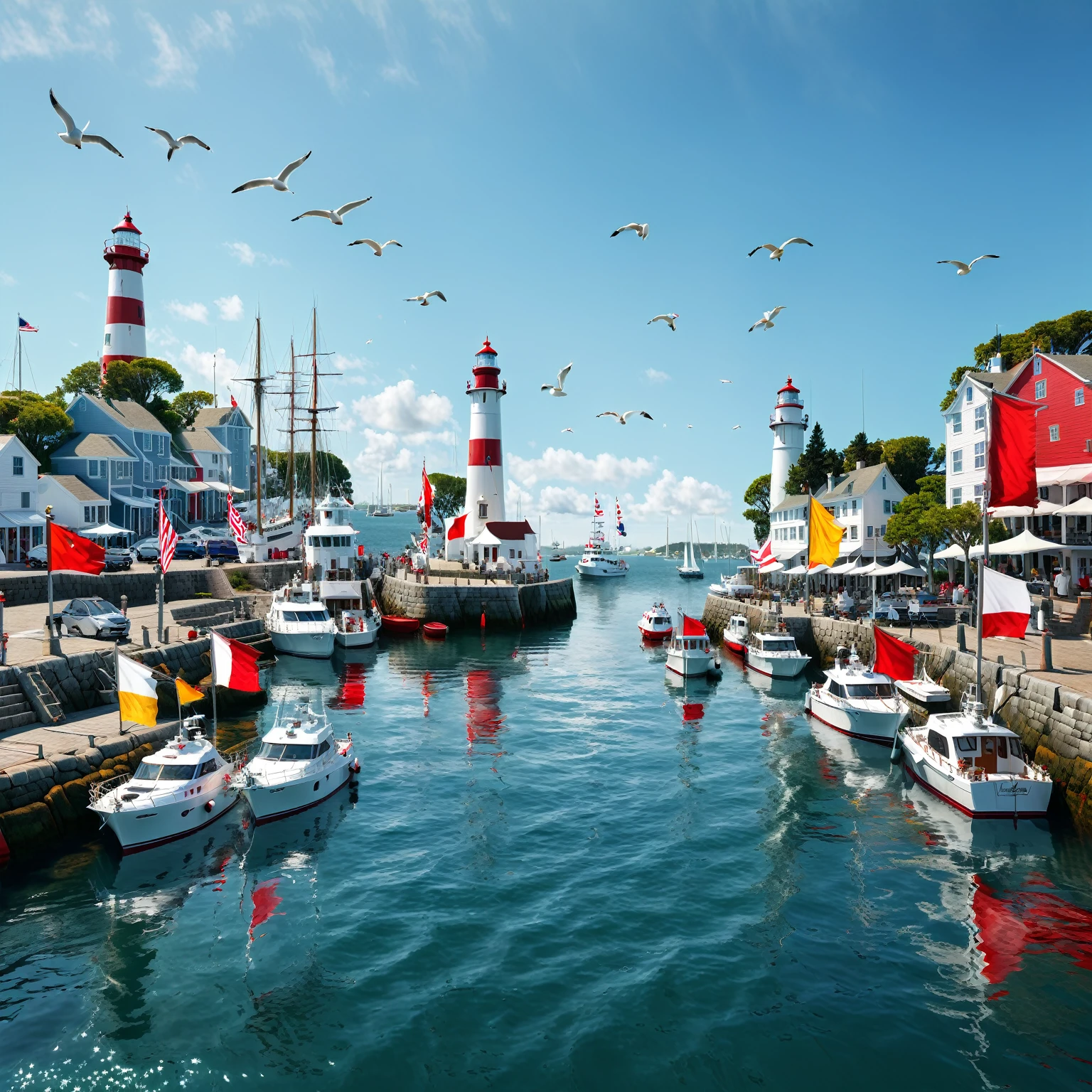 A 8k,original photo, best quality, realistic ,cinematic image of A detailed scene of a vibrant harbor in a coastal city at midday. White yachts and sailboats of various sizes line the docks, their colorful flags fluttering in the breeze. Seagulls soar overhead, calling out to each other. A lighthouse with red and white stripes stands tall in the distance, guiding ships into the harbor.