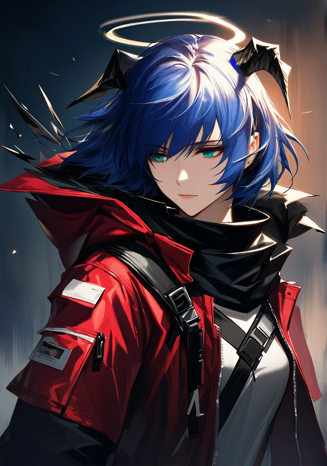 (woman), ((Mostima from arknights)), masterpiece, best quality, blue hair, ((short hair)), horns, plain white shirt, red fullbody coat, red hood, dark blue eyes, realistic anime style, faint smile, ((portrait)), black gloves, carring a bag, halo.