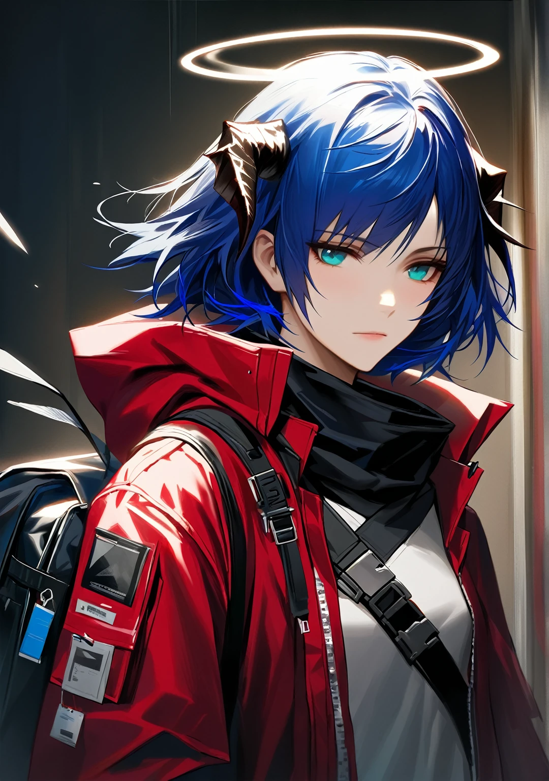 (woman), ((Mostima from arknights)), masterpiece, best quality, blue hair, ((short hair)), horns, plain white shirt, red fullbody coat, red hood, dark blue eyes, realistic anime style, faint smile, ((portrait)), black gloves, carring a bag, halo.