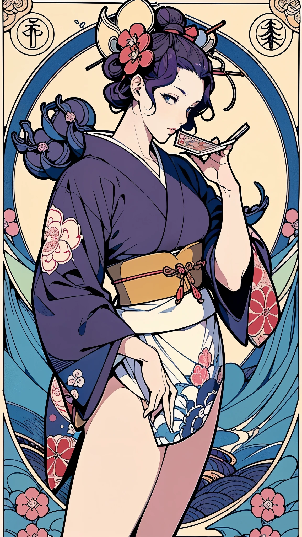 (masterpiece:1.2, Highest quality, Highest quality),(Super detailed),8k,wallpaper,(Japanese-style tarot card illustration),((Fool's Tarot Cards)),(Hand,detailed,perfect.perfection,hands),Beautiful hand drawing,(Art Nouveau pattern),(Katsushika Hokusai&#39;s painting style)