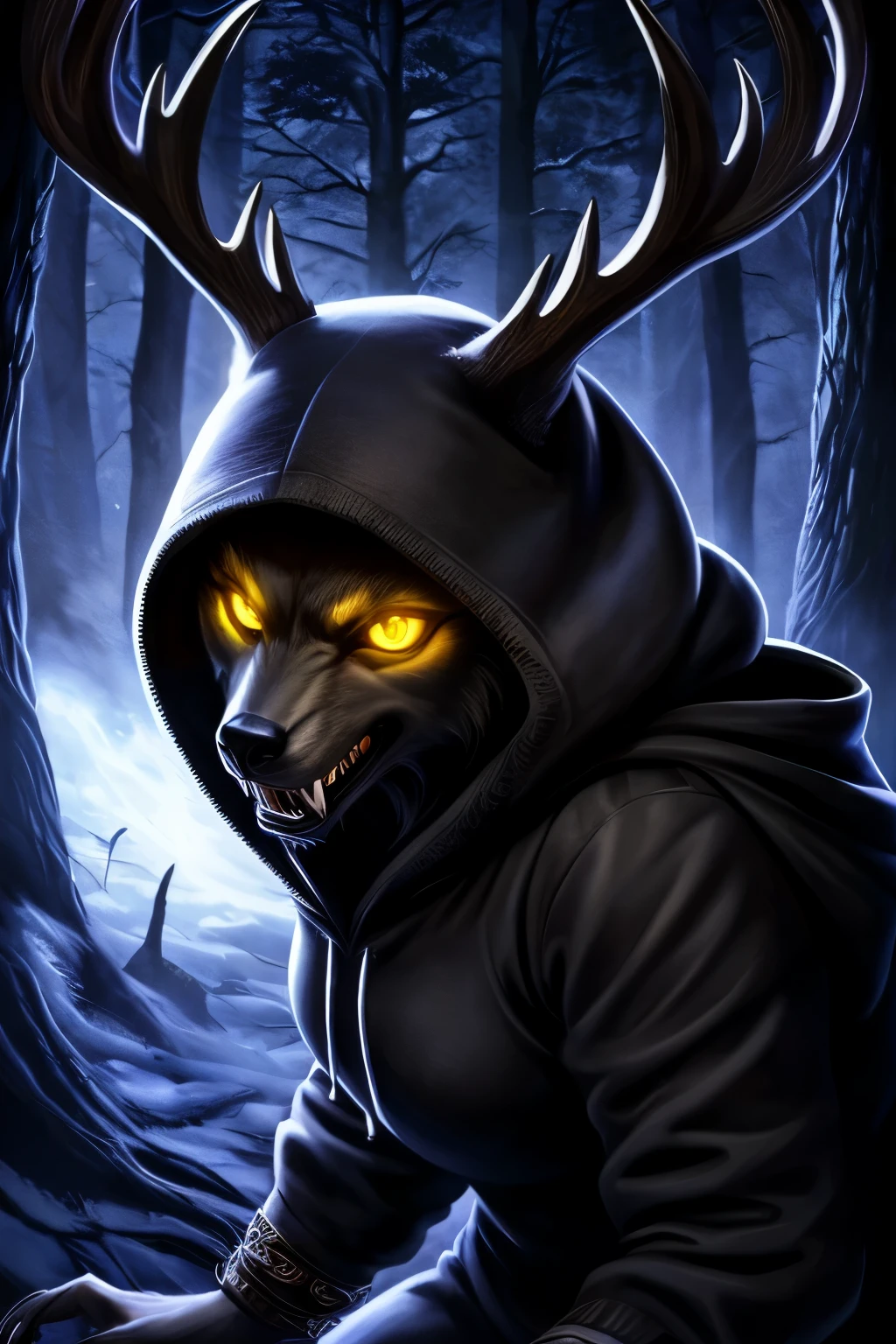 arafed wolf in a hoodie with chains around his neck, dark but detailed digital art, grim - wolf, just art for dark metal music, hooded cloaked sith lord, dark art style, dark hooded wraith, fenrir, highly detailed dark art, cloaked, dan mumford tom bagshaw, dark cloaked necromancer, el bosco and dan mumford, cream yellow, Mustard yellow, Light cream yellow, Dark gray