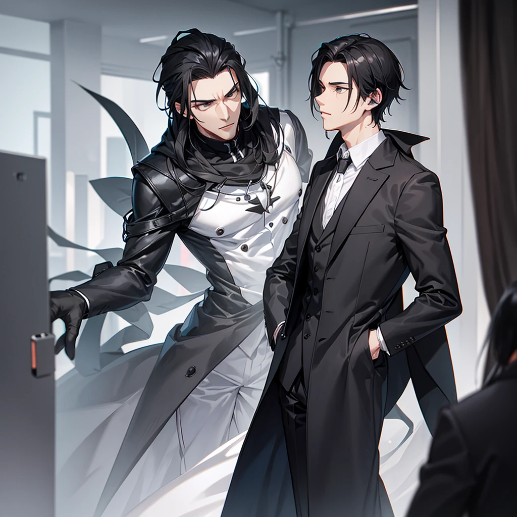 Tall man with slim athletic body, black hair wearing dark gray overcoat