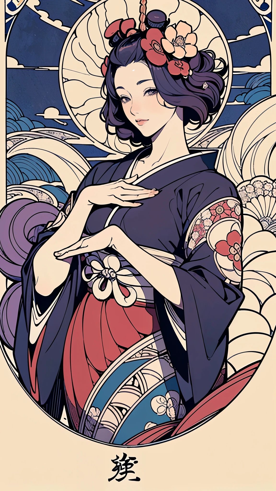 (masterpiece:1.2, Highest quality, Highest quality),(Super detailed),8k,wallpaper,(Japanese-style tarot card illustration),((Fool's Tarot Cards)),(Hand,detailed,perfect.perfection,hands),Beautiful hand drawing,(Art Nouveau pattern),(Katsushika Hokusai's painting style)