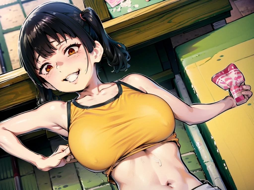 gesugaoをしながらtitfuckをするsasaki kanna, Yellow Tank Top, underboob, Sweat, Black hair twin tails, Guess face, smile, crazy Smile, 勝ち誇ったsmile, Her body is like that of a slender elementary school student, but her breasts are large., Sasaki Kanna squeezes this strong penis with visible veins between her breasts, Dim torture chamber, prison, 狂気じみたsmile, 凄まじいsmile, stick out your tongue and tease, pupils are small, Grab both breasts with both hands