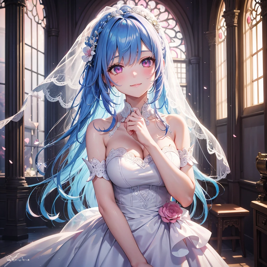 Sky Blue Medium Hair, (Braided Hair),(Pink Eyes),Fair skin ,(whole body),(1 girl),bride,smile、Straight bangs, 6月のbride,Wedding dress,(masterpiece, Highest quality, Very detailed, Best Shadow), (Detailed Background), (Beautifully detailed face), High Contrast, (Best lighting, Very delicate and beautiful), ((Cinematic Light)), colorful, Hyper Detail, Dramatic Light, Intricate details,Wedding hall,