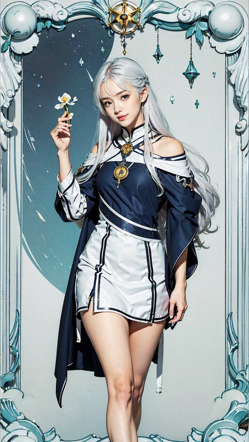 (Tarot card style:1.3), (Anime Style:1.3), masterpiece, Highest quality, Highest Resolution, Anatomically correct, Accurate Anatomy, (Floral blank background:1.3), (1girl:1.3), 20-year-old, Height: 165cm, Shot from thigh up, (Thick thighs:1.2), (Long Hair, Straight Hair, Silver Hair:1.3), (Squint your eyes, Sharp Eyes, (Iris:1.2)), (Hidden eyelid wrinkles:1.2), Thin eyebrows, Draw eyelashes carefully, Natural Makeup, Chin up, Grin, Slightly to the side, (Wizard of the fantasy world:1.3), (Pose a random model:1.2)