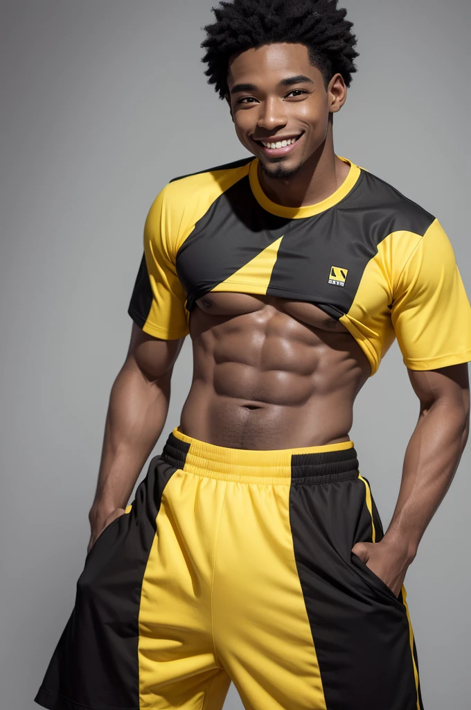 A character half black and yellow. With a gray belly and black head and a half black and half yellow shirt with a smile