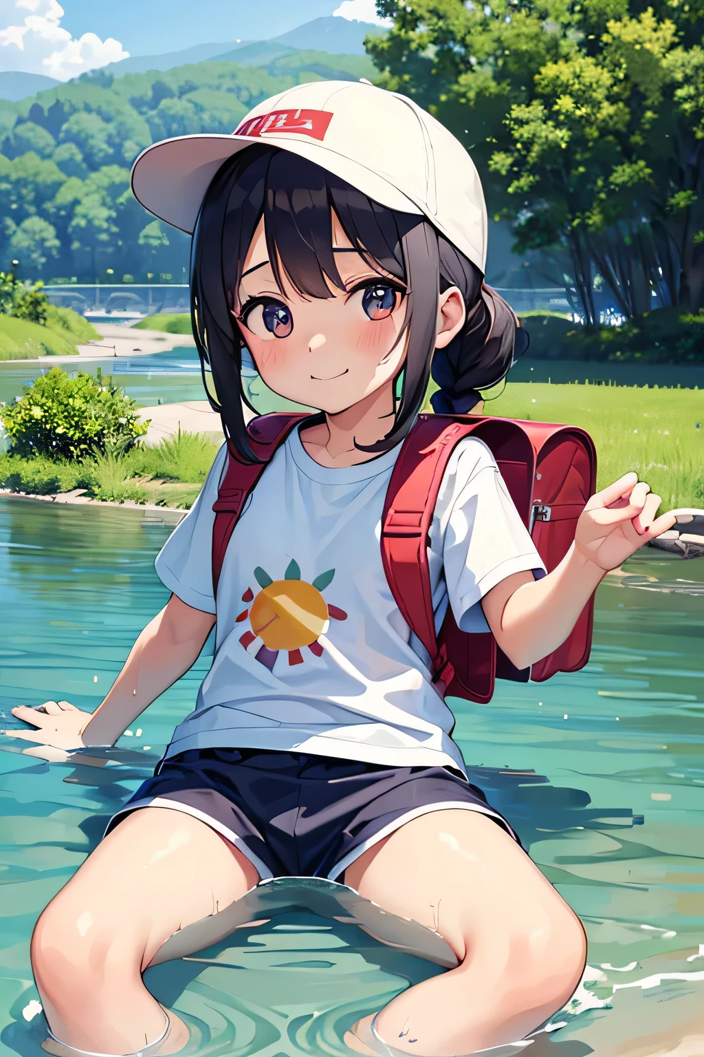 Highest quality、High resolution、Detailed Background、(Beautiful face in every detail:1.4)、Anatomically correct、Normal number of fingers、Detailed facial expressions、(Detailed eyes:1.2)、Teenage beauty、Light color hair、Braided Ponytail、Braided bob cut、Braided twin tails、cute gesture、Innocent joy、A sense of freedom in nature、A cool day swimming in the river、
(Girls enjoying splashing around in the cool river:1.5)、
In the blazing summer sun、I can hear the river babbling、We all run out、
Walking along the river、Eventually you'll reach the water's edge、Playing in the water under the speech bubble、Excited voices echo throughout the room.、
Taking off your shoes and soaking your feet in the water brings a smile to your face.、Enjoy the pleasant time as you touch the cold water、
Children gather stones, throw them into the water, and cheer as they splash about.、It's cute to see them having so much fun riding on a swim ring and feeling the current.、
Eating lunch in the shade of the trees helps to ease fatigue.、Enjoy the pleasant breeze and nature that will leave you with fond memories.、Smiles on everyone's faces、It was a day of swimming in the river that satisfied both body and mind.、
Rash guard、Shorts、sandals、I call chap、Short sleeve T-shirt、Shorts、sneakers、backsack、cute