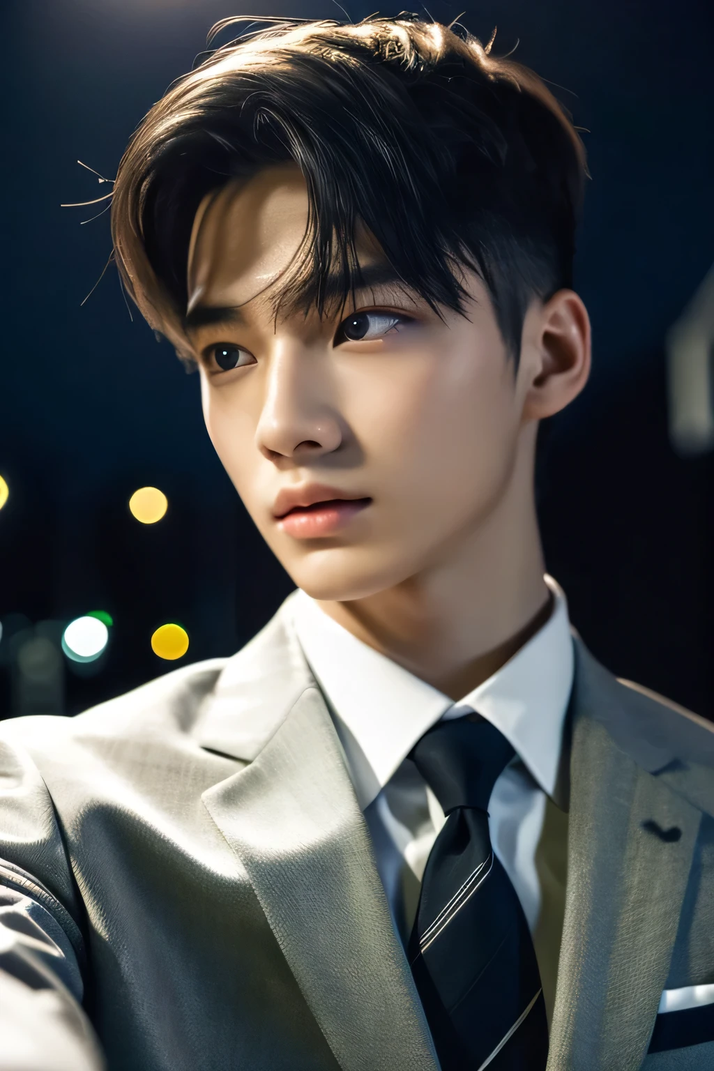 Highest quality, masterpiece, Ultra-high resolution, (Realistic: 1.4), Original photo, wallpaper, Head Photo, skin, Simple Background, Iris, detailed, Selfie, 1 boy, 18-year-old, good looking, Wind,Night view、suit