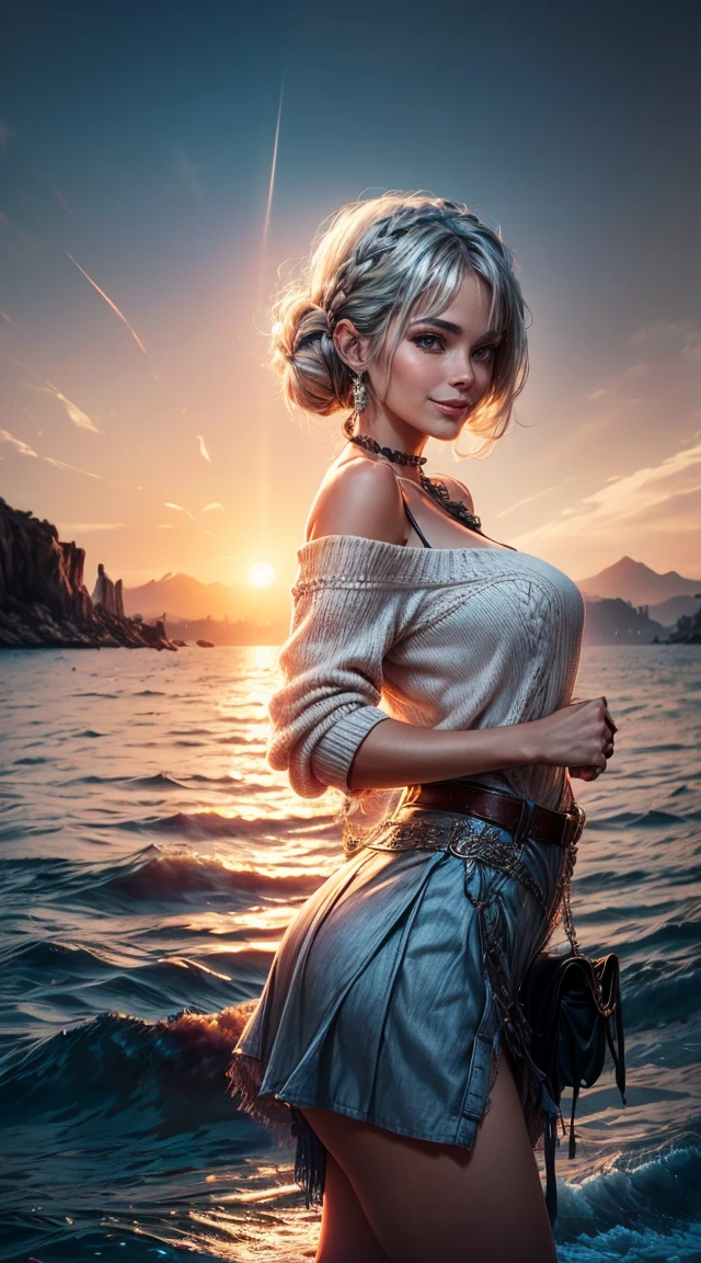 sunset city,The actress is a very beautiful Western adult woman...... bobbin lace ruffle miniskirt,sexy face, Belt pouch, Oversized Loose Bobbin Lace Sweater, V-neck and cold shoulders . happy smile.sexy face, (silver hair、Bollos retorcidos en una Horse tail adornados con trenzas y cuentas elaboradas.,Fishbone Braiding Hair,),(The fringes are transparent fringes.),(shorten、Horse tail、by the floating、),.(great emphasis:1.3),Use the sunset as lighting.,cinematic light,(mesa,Maximum quality,Ultra-high resolution output image,) ,(8K quality,),(marine art mode 2:1.3),,(Ultra HD picture mode,)