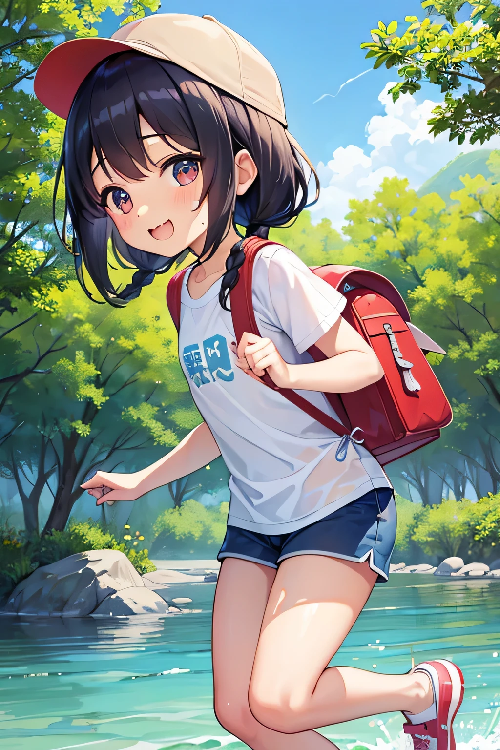 Highest quality、High resolution、Detailed Background、(Beautiful face in every detail:1.4)、Anatomically correct、Normal number of fingers、Detailed facial expressions、(Detailed eyes:1.2)、Teenage beauty、Light color hair、Braided Ponytail、Braided bob cut、Braided twin tails、cute gesture、Innocent joy、A sense of freedom in nature、A cool day swimming in the river、
(Girls enjoying splashing around in the cool river:1.5)、
In the blazing summer sun、I can hear the river babbling、We all run out、
Walking along the river、Eventually you'll reach the water's edge、Playing in the water under the speech bubble、Excited voices echo throughout the room.、
Taking off your shoes and soaking your feet in the water brings a smile to your face.、Enjoy the pleasant time as you touch the cold water、
Children gather stones, throw them into the water, and cheer as they splash about.、It's cute to see them having so much fun riding on a swim ring and feeling the current.、
Eating lunch in the shade of the trees helps to ease fatigue.、Enjoy the pleasant breeze and nature that will leave you with fond memories.、Smiles on everyone's faces、It was a day of swimming in the river that satisfied both body and mind.、
Rash guard、Shorts、sandals、I call chap、Short sleeve T-shirt、Shorts、sneakers、backsack、cute