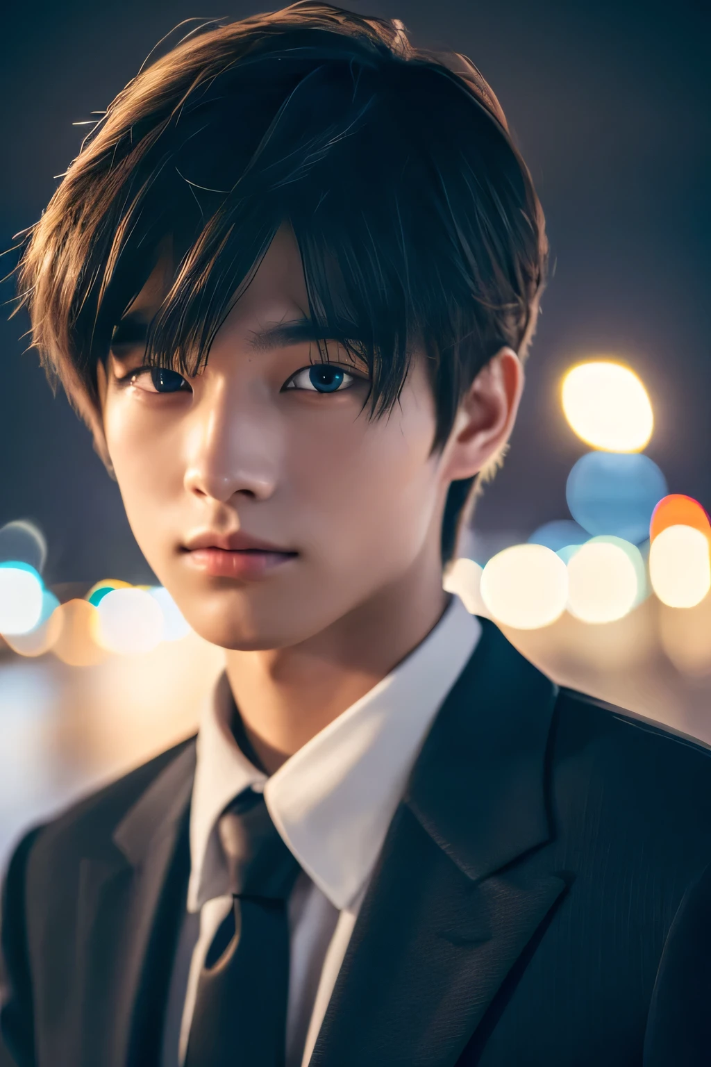 Highest quality, masterpiece, Ultra-high resolution, (Realistic: 1.4), Original photo, wallpaper, Head Photo, skin, Simple Background, Iris, detailed, Selfie, 1 boy, 18-year-old, good looking, Wind,Night view、suit