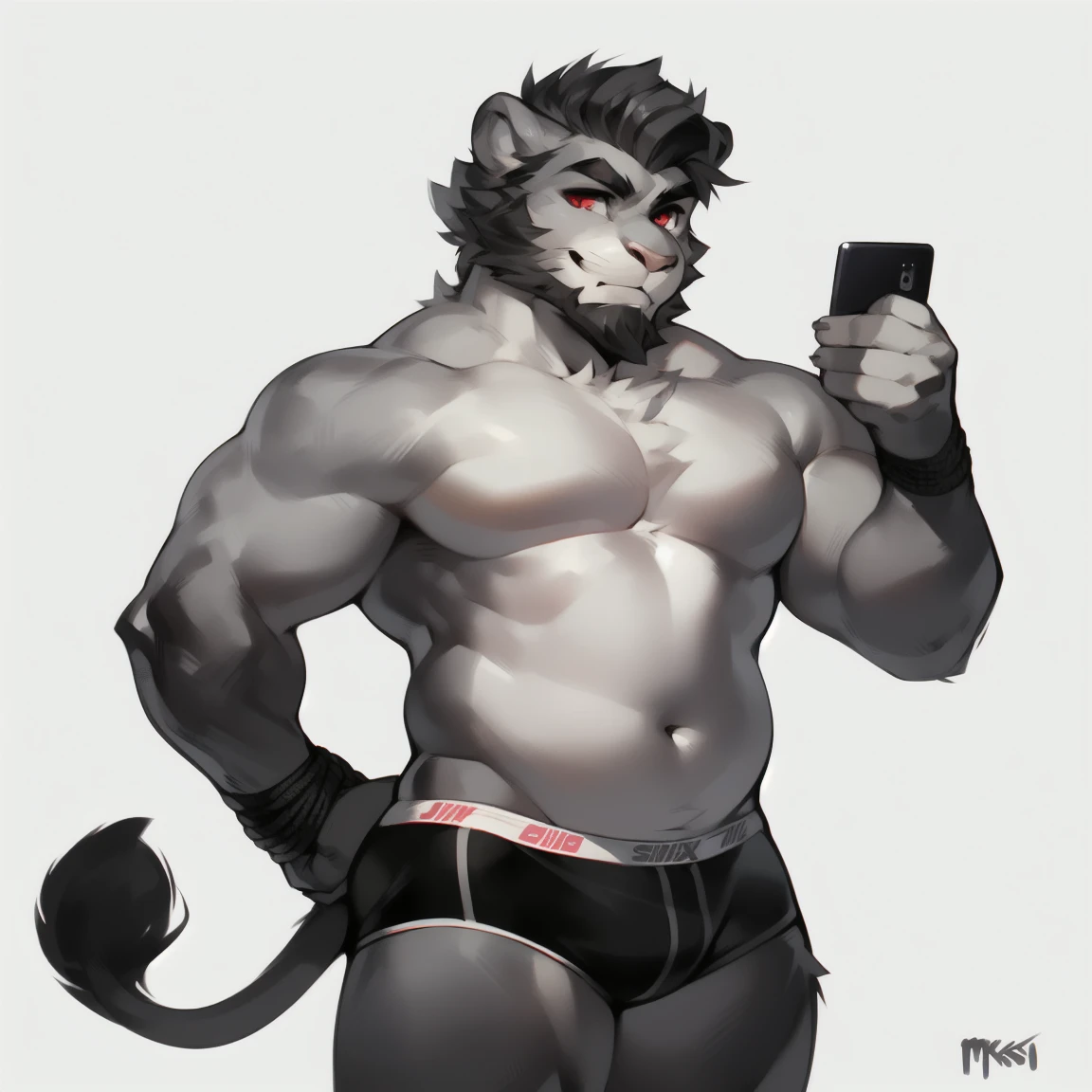 (Masterpiece: 1.2, highest quality), (intricate details), male, 1 boy, Solo, Upper body, Casual, (short hair), lion,by mystikfox61, by darkgem, (hair, snout), small round lion ears, light pink nose, crooked mouth, smiling, detailed face, ((large perfectly-circular cartoon eyes)), red pupils, detailed fluffy fur, (((short super straight swept-back hair, short jagged pointy hair, short slicked back hair, extremely short beard, curly beard, frizzy goatee, widows peak))), ((((short hair tied low, scruffy side-locks, lovelocks under ears)))), relaxed body, digital art, natural lighting, sweaty, soft muscular arms, soft perfectly-round chubby torso, (((soft body, tall pecs, tall pectorals, short abdominal region, perfectly round chest, wide body))), white stomach, beard, ((short dark grey hair, short dark hair, thick jagged eyebrows, light grey body, gray body)), pale underbelly, white counter-shaded torso and mouth, throbbing, (((white background))), ((monochrome black faded ashen boxerbriefs)), baby blue towel on his shoulder, holding red phone, lion tail, (low-set bellybutton, tall navel)