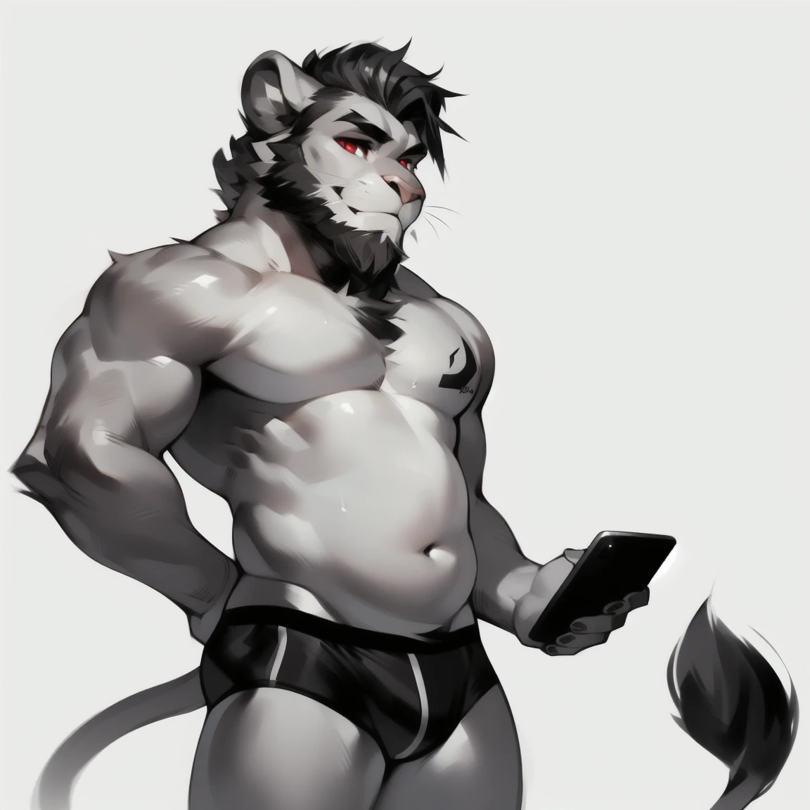 (Masterpiece: 1.2, highest quality), (intricate details), male, 1 boy, Solo, Upper body, Casual, (short hair), lion,by mystikfox61, by darkgem, (hair, snout), small round lion ears, light pink nose, crooked mouth, smiling, detailed face, ((large perfectly-circular cartoon eyes)), red pupils, detailed fluffy fur, (((short super straight swept-back hair, short jagged pointy hair, short slicked back hair, extremely short beard, curly beard, frizzy goatee, widows peak))), ((((short hair tied low, scruffy side-locks, lovelocks under ears)))), relaxed body, digital art, natural lighting, sweaty, soft muscular arms, soft perfectly-round chubby torso, (((soft body, tall pecs, tall pectorals, short abdominal region, perfectly round chest, wide body))), white stomach, beard, ((short dark grey hair, short dark hair, thick jagged eyebrows, light grey body, gray body)), pale underbelly, white counter-shaded torso and mouth, throbbing, (((white background))), ((monochrome black faded ashen boxerbriefs)), baby blue towel on his shoulder, holding red phone, lion tail, (low-set bellybutton, tall navel)